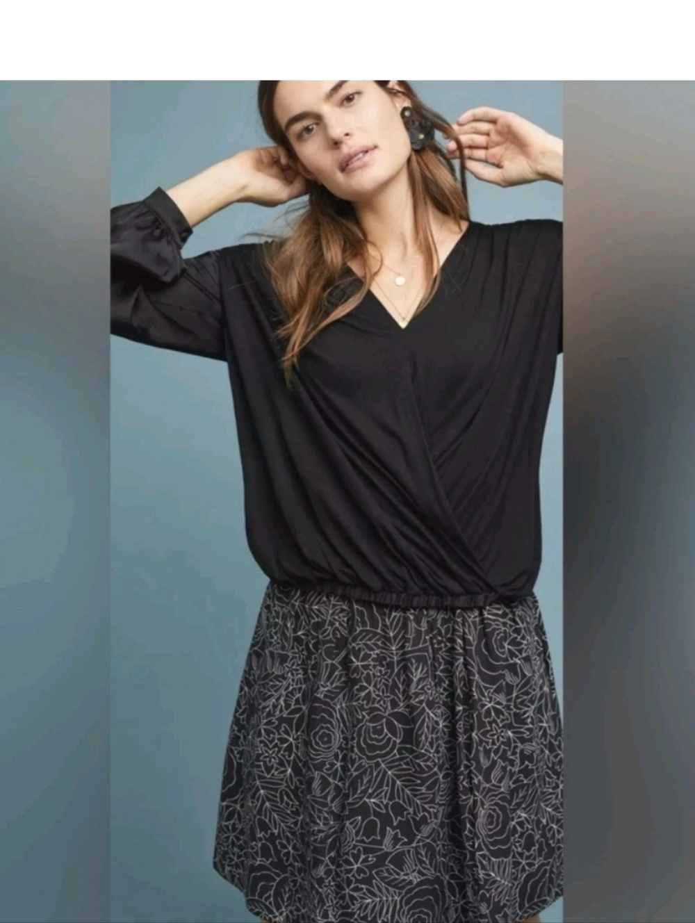Anthropologie Kesia Surplice Blouse Black Size L Mixed Media Jersey Silky Sleeve